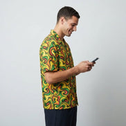 Retro Vibes Camp Shirt for the Most Interesting Dresser at Summer — AOP 100% Polyester Sublimation Hawaiian, Button Front Linen Texture, Vacation Party Beach Festival Menswear