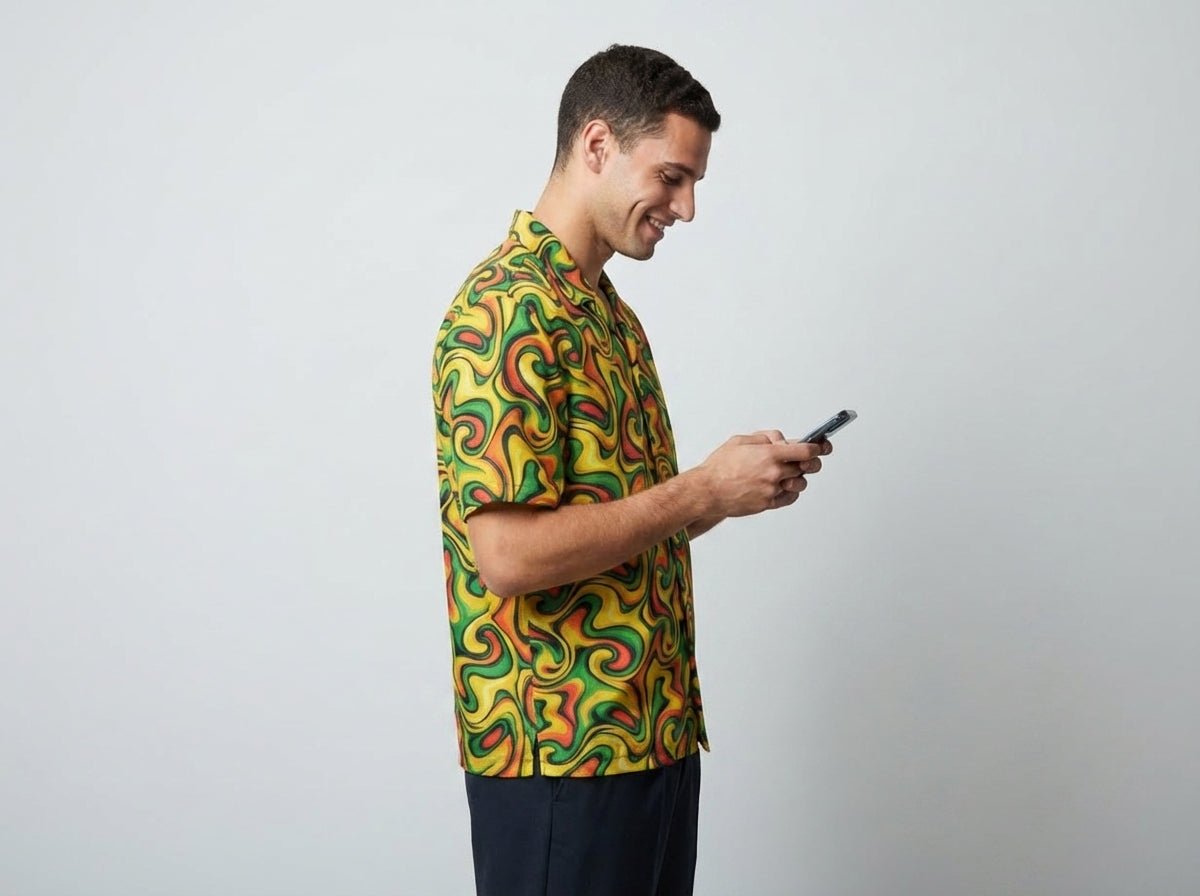 Retro Vibes Camp Shirt for the Most Interesting Dresser at Summer — AOP 100% Polyester Sublimation Hawaiian, Button Front Linen Texture, Vacation Party Beach Festival Menswear