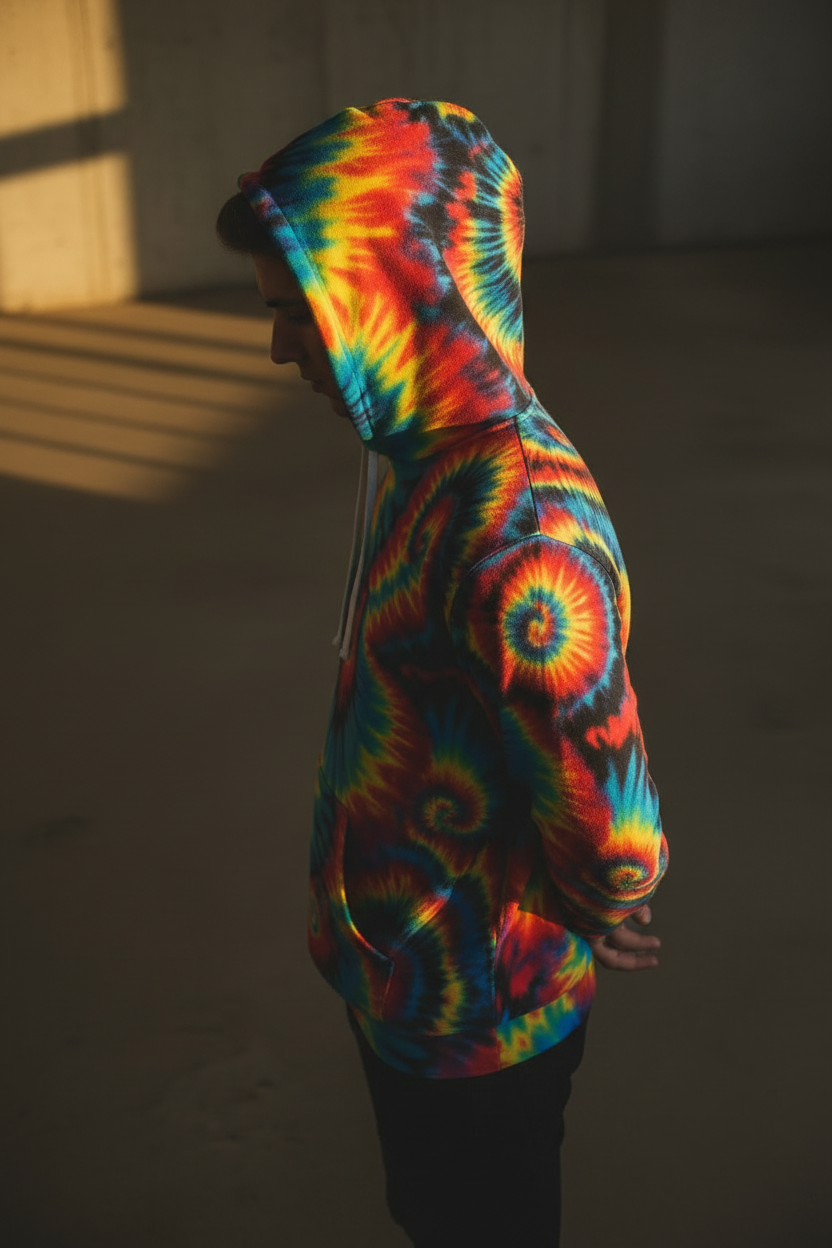 Inferno Vortex Tie-Dye AOP Hoodie for Psychedelic Streetwear Collectors — Spiral Rainbow All-Over Print, 95% Poly-Spandex, Festival Groovy Retro Statement Pullover