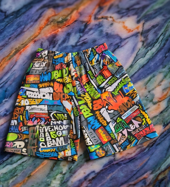 Graffiti Basketball Shorts for Hoop Culture Heads — Concrete Chaos AOP Streetwear, Festival Gym Wear, Loud Athletic Bottoms, Skater Shorts, Bold Print Activewear