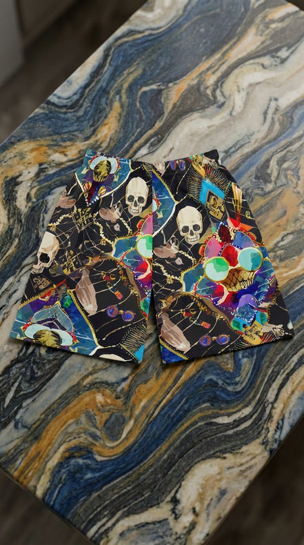 Neon Skeletal Mosaic AOP Shorts for Rave and Streetwear Collectors — Bold Retro Neon Athletic Basketball Shorts, Quick-Dry Festival Gym Activewear, Unisex Statement