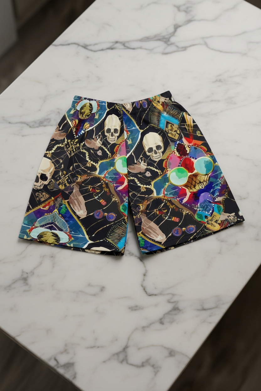 Neon Skeletal Mosaic AOP Shorts for Rave and Streetwear Collectors — Bold Retro Neon Athletic Basketball Shorts, Quick-Dry Festival Gym Activewear, Unisex Statement