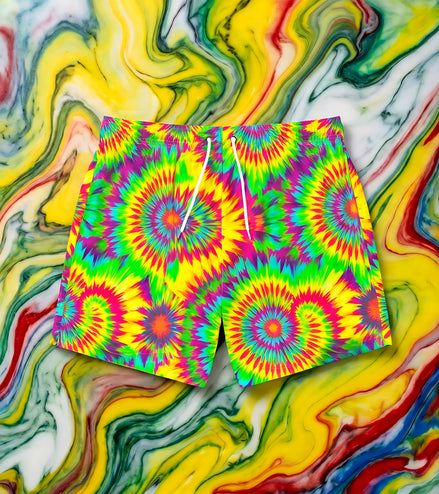 Acid Lime Tie-Dye Swim Trunks — Citrus Spiral AOP Quick-Dry Shorts for Pool Rave Season | Aesthetic Rebellion