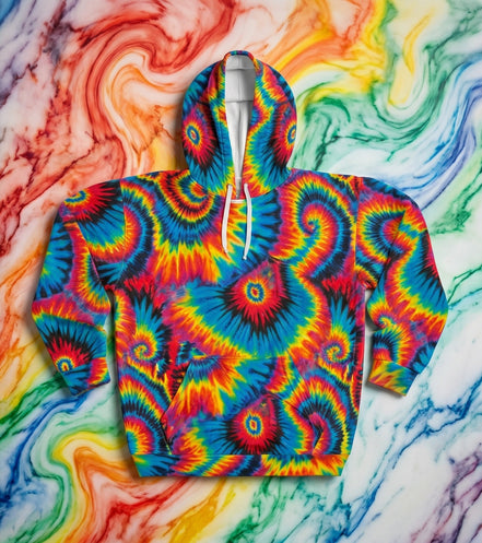 Inferno Vortex Tie-Dye AOP Hoodie for Psychedelic Streetwear Collectors — Spiral Rainbow All-Over Print, 95% Poly-Spandex, Festival Groovy Retro Statement Pullover