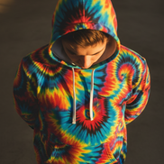 Inferno Vortex Tie-Dye AOP Hoodie for Psychedelic Streetwear Collectors — Spiral Rainbow All-Over Print, 95% Poly-Spandex, Festival Groovy Retro Statement Pullover