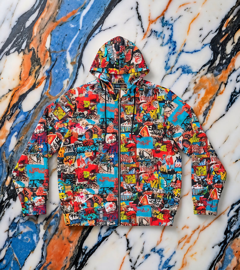 Graffiti Collage Full-Zip Hoodie for Streetwear Collectors — Layered AOP Urban Art Statement, Lightweight Festival Layer, Commuter Skater Bold Outerwear, Men's Print Zip
