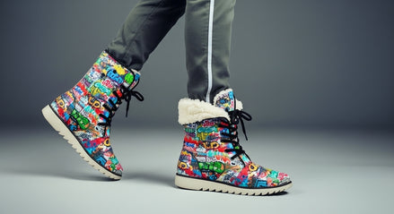 Graffiti Tag High-Top Plush Boots — White Street Art AOP Fleece-Lined Winter Statement Footwear | Aesthetic Rebellion