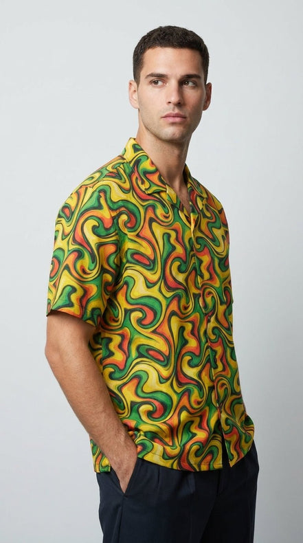 Retro Vibes Camp Shirt for the Most Interesting Dresser at Summer — AOP 100% Polyester Sublimation Hawaiian, Button Front Linen Texture, Vacation Party Beach Festival Menswear