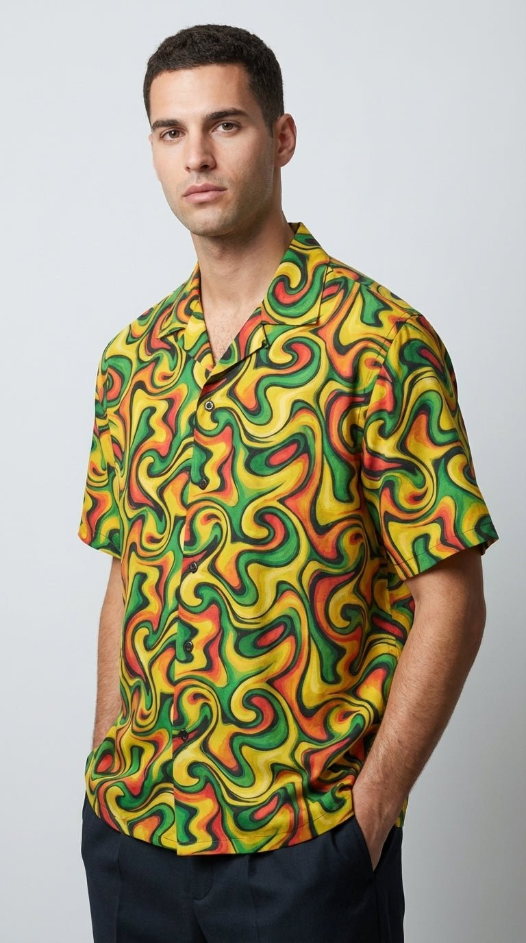 Retro Vibes Camp Shirt for the Most Interesting Dresser at Summer — AOP 100% Polyester Sublimation Hawaiian, Button Front Linen Texture, Vacation Party Beach Festival Menswear
