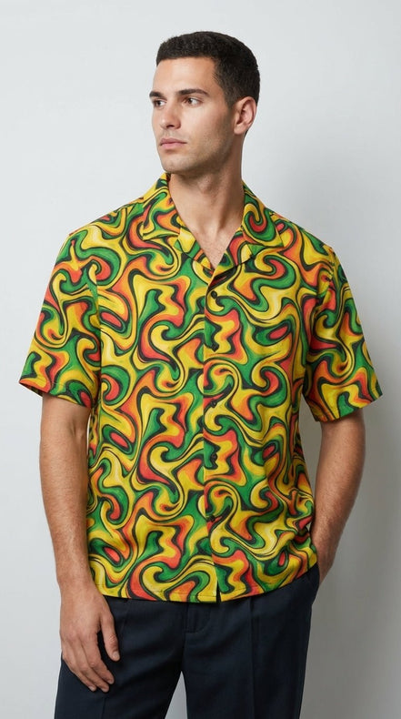 Retro Vibes Camp Shirt for the Most Interesting Dresser at Summer — AOP 100% Polyester Sublimation Hawaiian, Button Front Linen Texture, Vacation Party Beach Festival Menswear