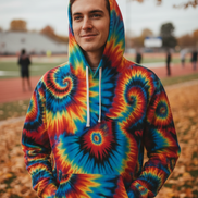 Inferno Vortex Tie-Dye AOP Hoodie for Psychedelic Streetwear Collectors — Spiral Rainbow All-Over Print, 95% Poly-Spandex, Festival Groovy Retro Statement Pullover