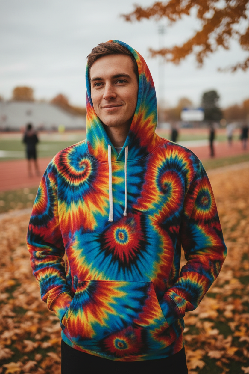 Inferno Vortex Tie-Dye AOP Hoodie for Psychedelic Streetwear Collectors — Spiral Rainbow All-Over Print, 95% Poly-Spandex, Festival Groovy Retro Statement Pullover