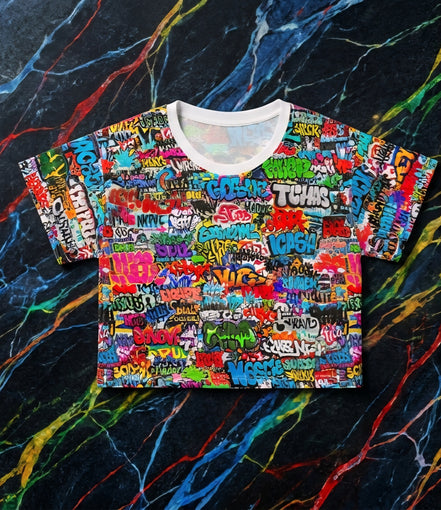 Graffiti Print Crop Tee for Colorful Urban Street Art Dressers — Bold AOP Hip-Hop Crop Top, Festival Party Summer Statement, Skater Youth Fashion Streetwear