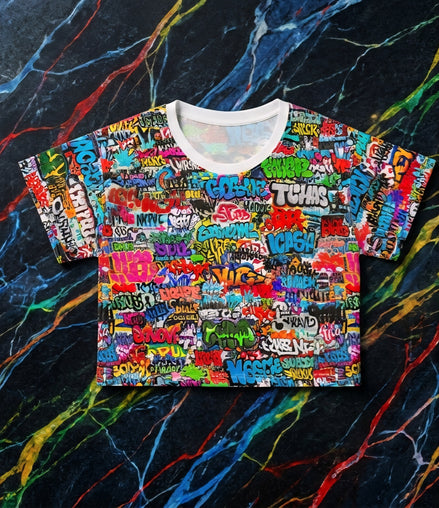 Graffiti Print Crop Tee for Colorful Urban Street Art Dressers — Bold AOP Hip-Hop Crop Top | Aesthetic Rebellion