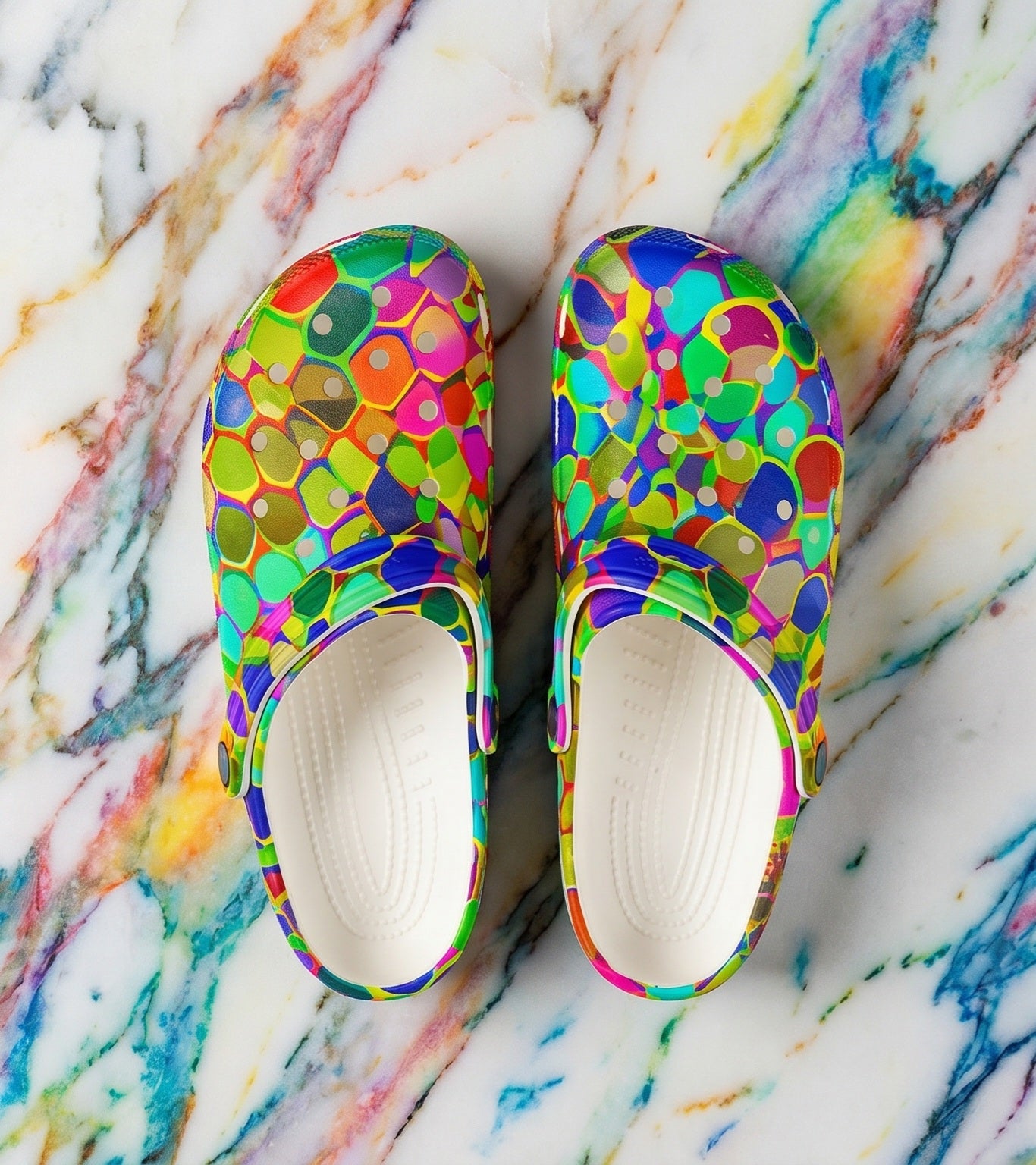 Colorful Mosaic EVA Clog Shoes for Playful Maximalists — Bold Tile-Print Foam Footwear, Anti-Slip Cushioned Sole, Festival Garden Errand Statement Clogs, Black or White Base