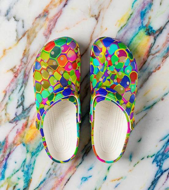 Colorful Mosaic EVA Clog Shoes for Playful Maximalists — Bold Tile-Print Foam Footwear, Anti-Slip Cushioned Sole, Festival Garden Errand Statement Clogs, Black or White Base