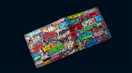 Graffiti Tag Wall Leather Wallet for Streetwear Collectors — Urban Spray-Paint AOP Bifold, Handmade | Aesthetic Rebellion