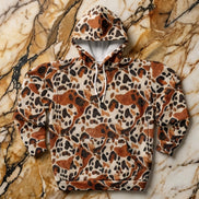 Leopard Spot AOP Pullover Hoodie for Wild Street Style Dressers — Brown Cream Animal Print, 250gsm Poly Cut-and-Sewn, Fall Autumn Cozy Unisex Statement Sweatshirt