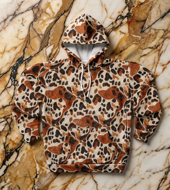 Leopard Spot AOP Pullover Hoodie for Wild Street Style Dressers — Brown Cream Animal Print, 250gsm Poly Cut-and-Sewn, Fall Autumn Cozy Unisex Statement Sweatshirt