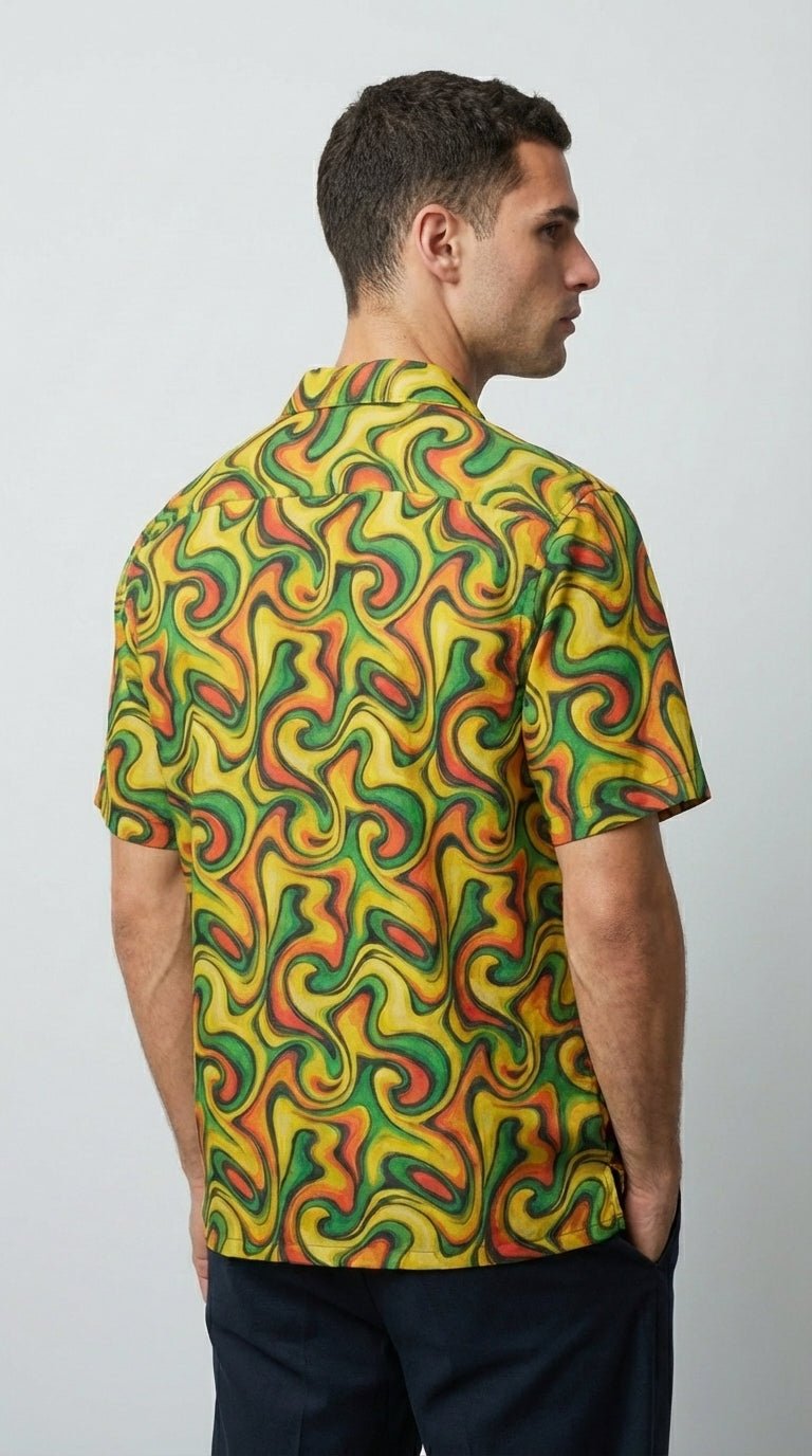 Retro Vibes Camp Shirt for the Most Interesting Dresser at Summer — AOP 100% Polyester Sublimation Hawaiian, Button Front Linen Texture, Vacation Party Beach Festival Menswear