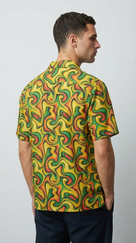 Retro Vibes Camp Shirt for the Most Interesting Dresser at Summer — AOP 100% Polyester Sublimation Hawaiian, Button Front Linen Texture, Vacation Party Beach Festival Menswear