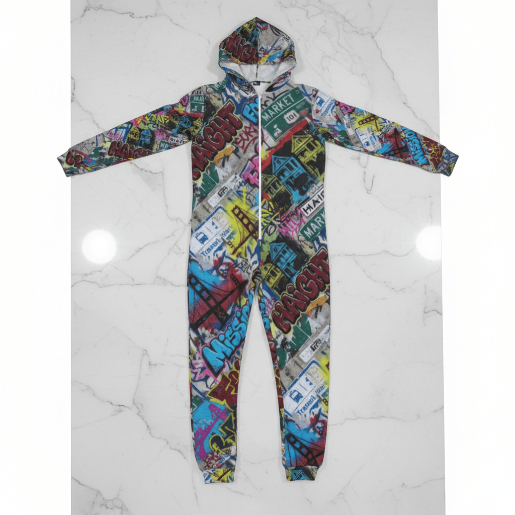 San Francisco Street Soul Jumpsuit full-body hooded coverall with dense city signage collage of street signs, placards, and neon fragments, zip front, flat lay on marble