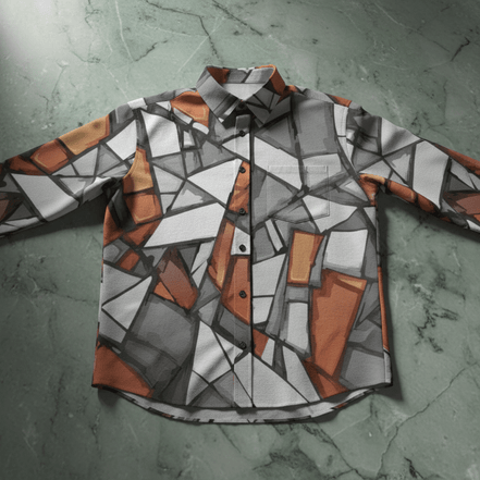 Shattered Mosaic Faux Linen Shirt long sleeve with stone gray, white, and amber terracotta fragment mosaic pattern, button front and chest pocket, flat lay on green marble