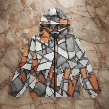 Shattered Mosaic Hooded Trench Coat short trench silhouette with stone gray, white, and amber fragment mosaic pattern, zip front and hood, flat lay on rose marble