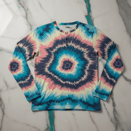 Long-sleeve Henley shirt with vivid radial spiral tie-dye pattern in teal, navy blue, pink, and cream radiating from multiple centers