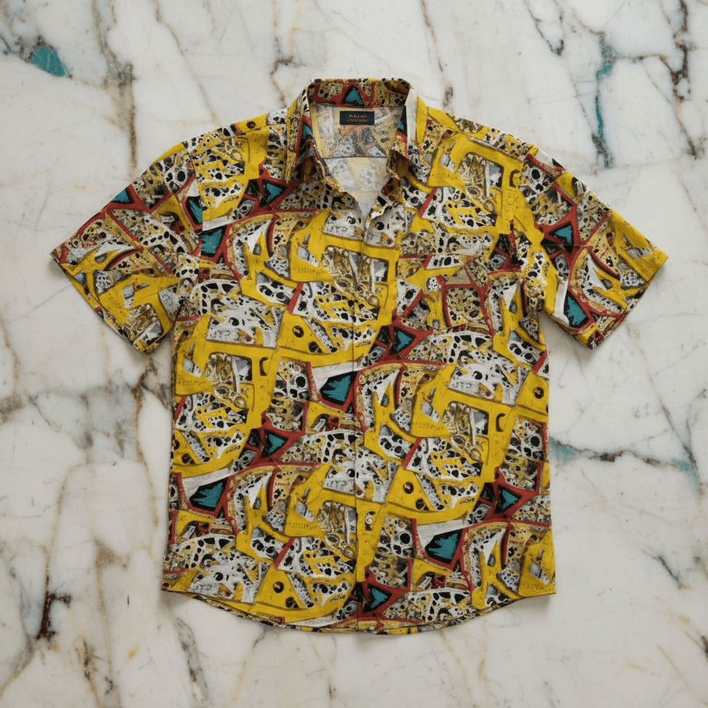 Silk button-up shirt with yellow and brown Skull Kid Inside mixed-media collage print