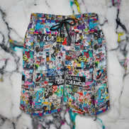 Board shorts with sticker and poster collage all-over print in quick-dry fabric