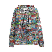 White fleece hoodie with colorful graffiti tags and sticker collage all-over print