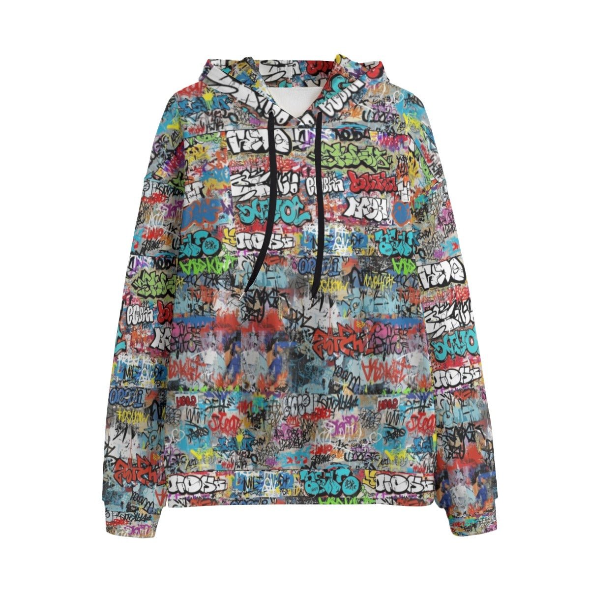 White fleece hoodie with colorful graffiti tags and sticker collage all-over print