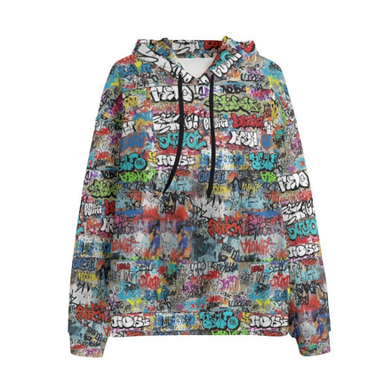White fleece hoodie with colorful graffiti tags and sticker collage all-over print