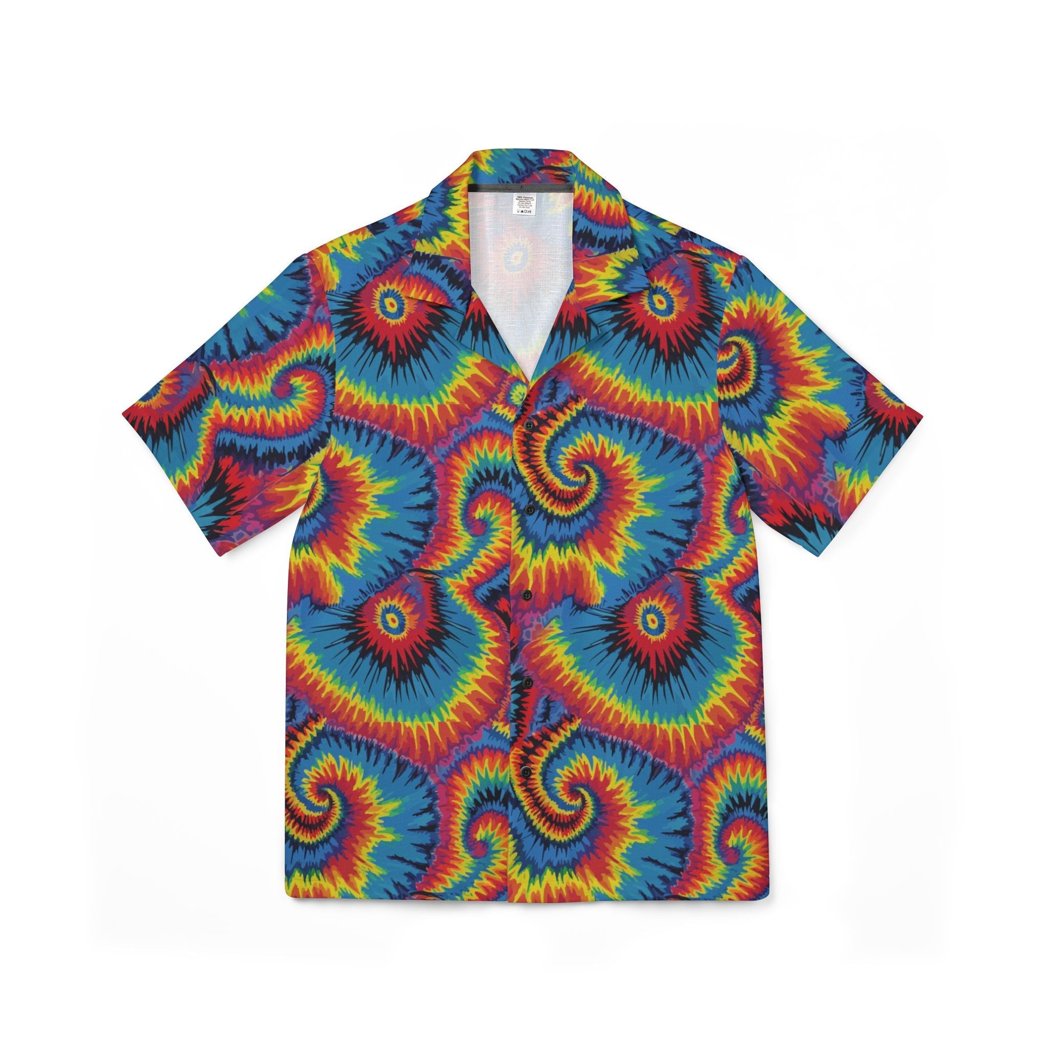 Strawberry Wheels AOP Button-Up Shirt — Hand-dyed spiral tie-dye pattern in vivid multicolor tones. Unisex button-up shirt with dopamine dressing, wearable art movement, eclectic maximalism style. Aesthetic Rebellion.