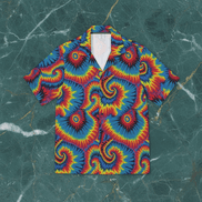 Button-up shirt with electric starburst tie-dye in red, blue, and yellow radiating from center