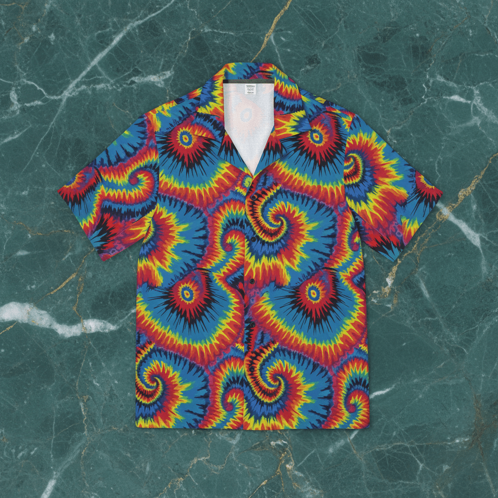 Button-up shirt with electric starburst tie-dye in red, blue, and yellow radiating from center