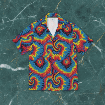 Button-up shirt with electric starburst tie-dye in red, blue, and yellow radiating from center