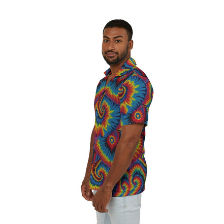 Strawberry Wheels AOP Button-Up Shirt — Hand-dyed spiral tie-dye pattern in vivid multicolor tones. Unisex button-up shirt with dopamine dressing, wearable art movement, eclectic maximalism style. Aesthetic Rebellion.