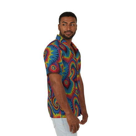 Strawberry Wheels AOP Button-Up Shirt — Hand-dyed spiral tie-dye pattern in vivid multicolor tones. Unisex button-up shirt with dopamine dressing, wearable art movement, eclectic maximalism style. Aesthetic Rebellion.