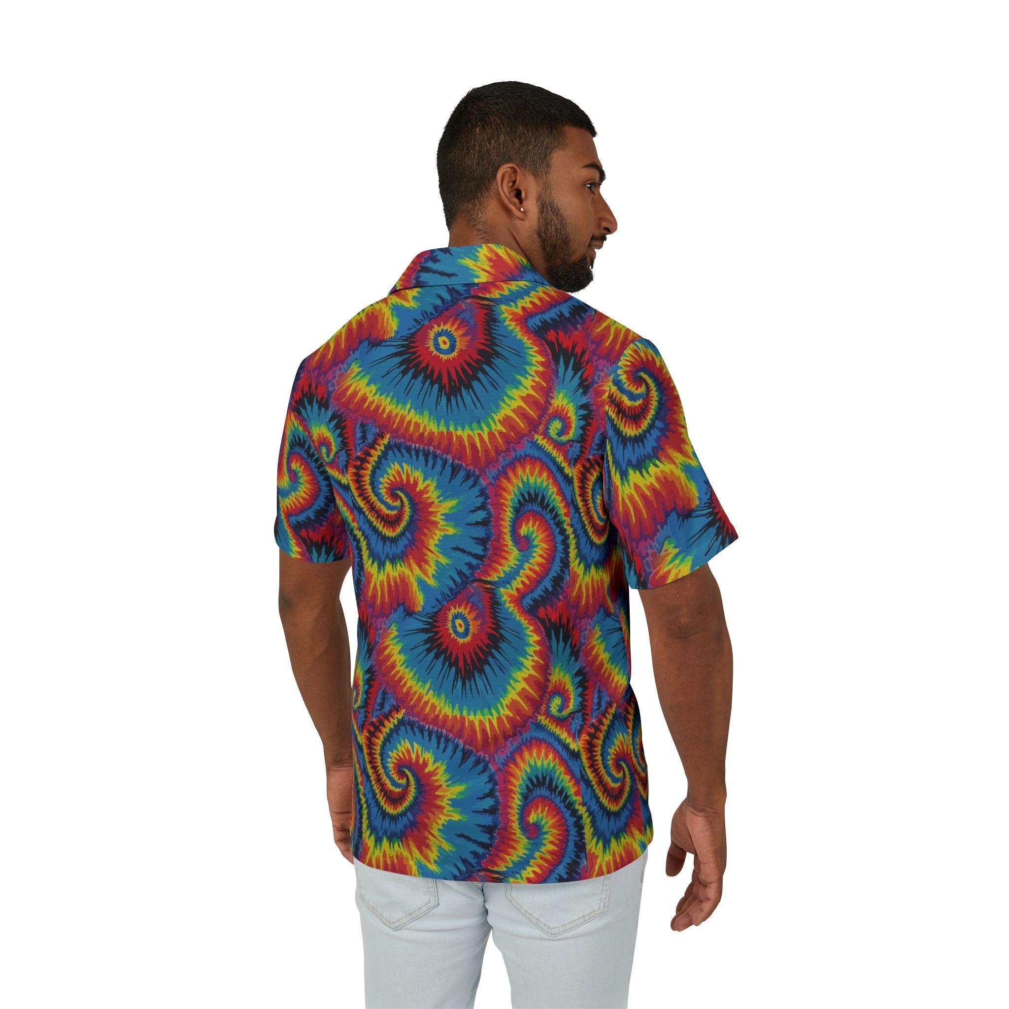 Strawberry Wheels AOP Button-Up Shirt — Hand-dyed spiral tie-dye pattern in vivid multicolor tones. Unisex button-up shirt with dopamine dressing, wearable art movement, eclectic maximalism style. Aesthetic Rebellion.