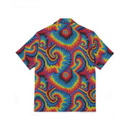 Strawberry Wheels AOP Button-Up Shirt — Hand-dyed spiral tie-dye pattern in vivid multicolor tones. Unisex button-up shirt with dopamine dressing, wearable art movement, eclectic maximalism style. Aesthetic Rebellion.
