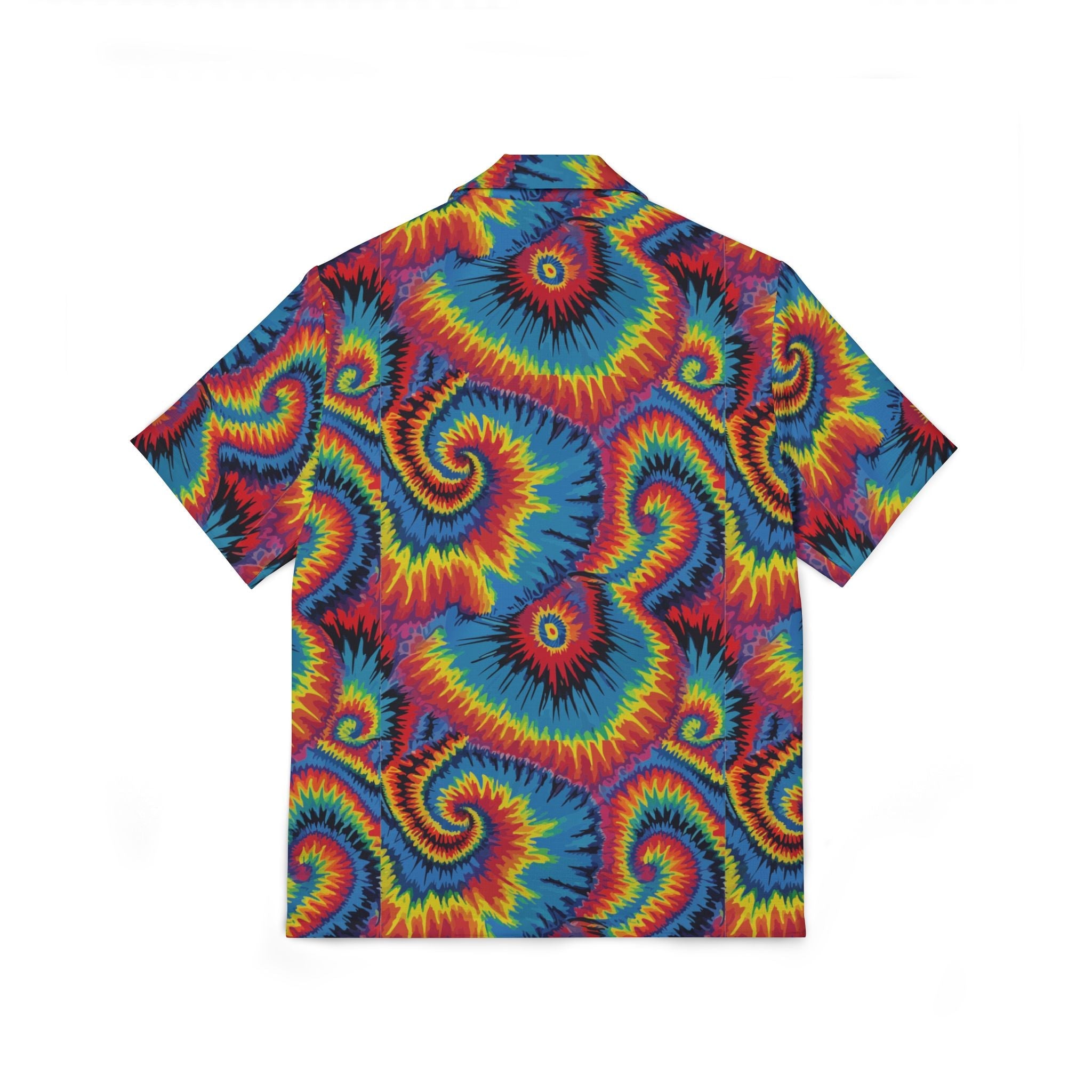 Strawberry Wheels AOP Button-Up Shirt — Hand-dyed spiral tie-dye pattern in vivid multicolor tones. Unisex button-up shirt with dopamine dressing, wearable art movement, eclectic maximalism style. Aesthetic Rebellion.