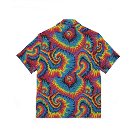 Strawberry Wheels AOP Button-Up Shirt — Hand-dyed spiral tie-dye pattern in vivid multicolor tones. Unisex button-up shirt with dopamine dressing, wearable art movement, eclectic maximalism style. Aesthetic Rebellion.