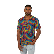 Strawberry Wheels AOP Button-Up Shirt — Hand-dyed spiral tie-dye pattern in vivid multicolor tones. Unisex button-up shirt with dopamine dressing, wearable art movement, eclectic maximalism style. Aesthetic Rebellion.