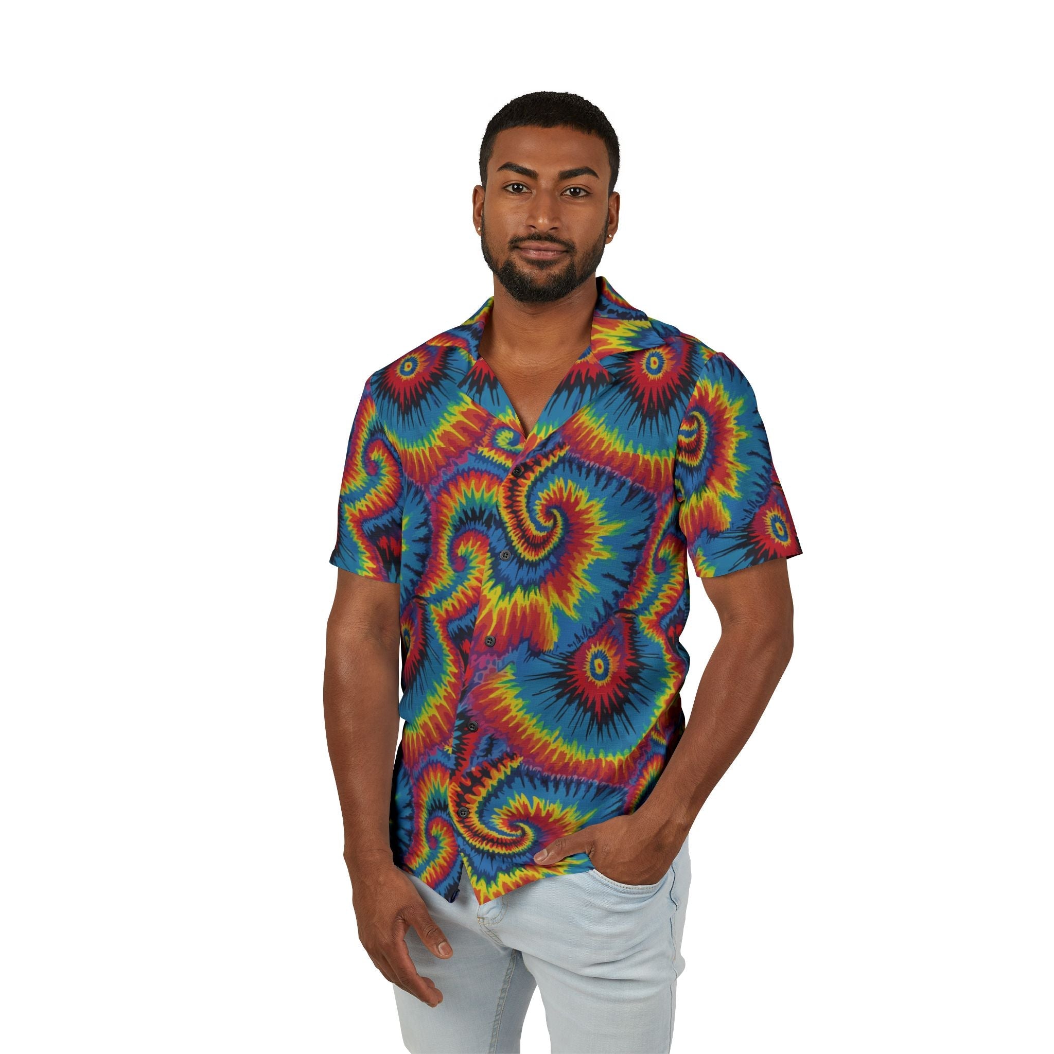 Strawberry Wheels AOP Button-Up Shirt — Hand-dyed spiral tie-dye pattern in vivid multicolor tones. Unisex button-up shirt with dopamine dressing, wearable art movement, eclectic maximalism style. Aesthetic Rebellion.