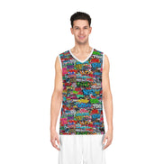 StreetsmART Tag Wall AOP Basketball Jersey — Graffiti-style street art print in vivid multicolor tones. Unisex basketball jersey with dopamine dressing, eclectic maximalism, main character energy style. Aesthetic Rebellion.