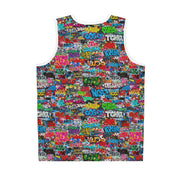 StreetsmART Tag Wall AOP Basketball Jersey — Graffiti-style street art print in vivid multicolor tones. Unisex basketball jersey with dopamine dressing, eclectic maximalism, main character energy style. Aesthetic Rebellion.