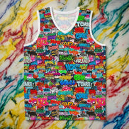 Basketball jersey with hot pink, cyan, and yellow neon graffiti tag wall all-over print