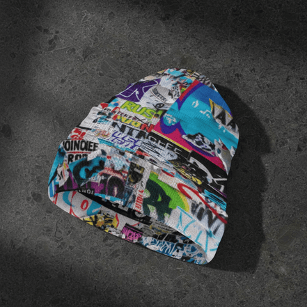 Tag Collage AOP Knit Beanie – All - Over Print, One Size - Aesthetic Rebellion